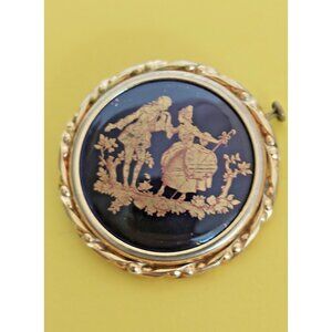 Vintage Limoges Castel France Courting Couple Cobalt Blue  Porcelain Pin Brooch
